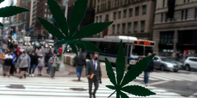 FILE PHOTO: Cannabis stickers on a Weed World store window are pictured the day New York State legalized recreational marijuana use amid the coronavirus disease (COVID-19) pandemic in the Manhattan borough of New York City, New York, U.S., March 31, 2021. REUTERS/Carlo Allegri/File Photo