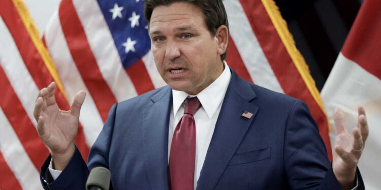MIAMI, FLORIDA - APRIL 10: Florida Gov. Ron DeSantis speaks during a press conference on April 10, 2025 in Miami, Florida. DeSantis talked about his desire to relieve Florida condo owners of the high fees they are struggling with after they were put in place following the 2021 collapse of the condominium tower in Surfside, Florida. (Photo by Joe Raedle/Getty Images)