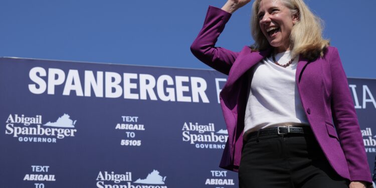 HENRICO, VIRGINIA - SEPTEMBER 19: Democratic gubernatorial candidate, former U.S. Rep. Abigail Spanberger (D-VA) addresses a small get-out-the-vote rally on the first day of early voting outside the Eastern Government Center on September 19, 2025 in Henrico, Virginia. Virginians are going to the polls to vote for governor, lieutenant governor, attorney general, all 100 seats in the state legislature and many other public offices. (Photo by Chip Somodevilla/Getty Images)
